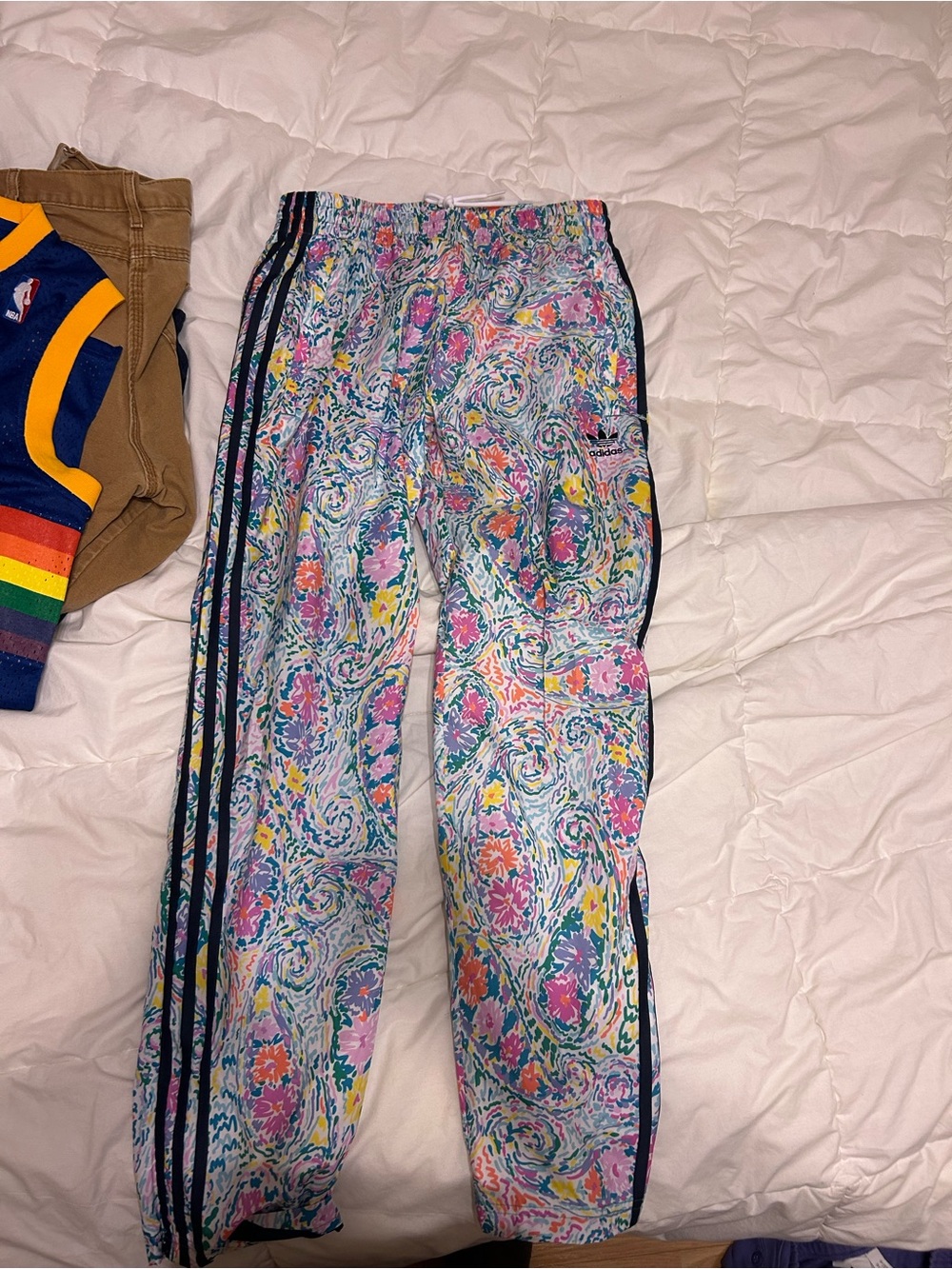 adidas Noah NYC collab floral  Print Track Pants with Navy Three Stripes